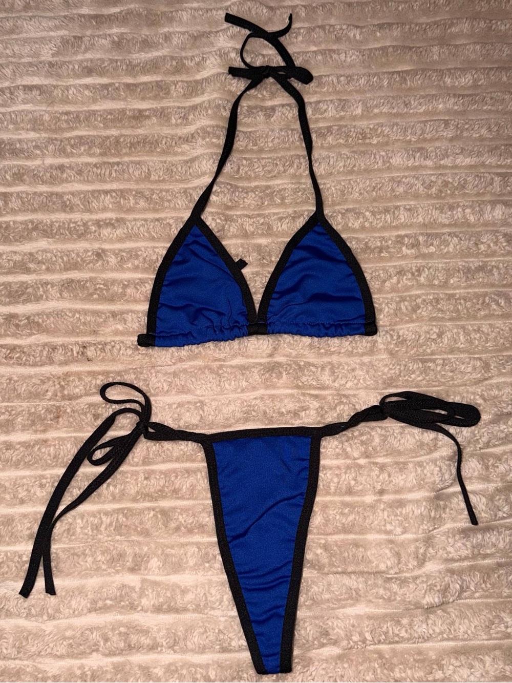 Blue Triangle String Bikini with Black Trim